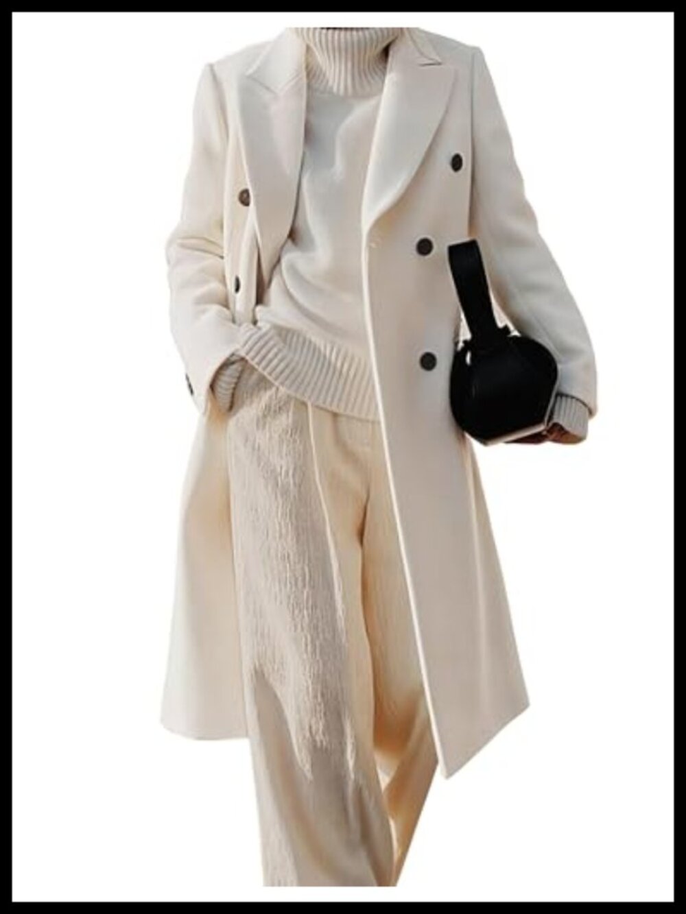 Long Wool Trench Coat Double Breasted Peacoat Notch Collar Below Knee